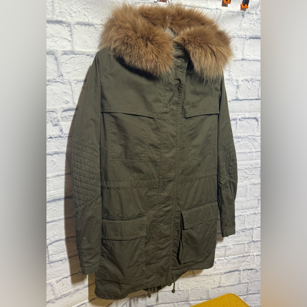 $995.00 Vince Olive Jacket with Coyote Fur Trim Hood, Size XS - Picture 2 of 8